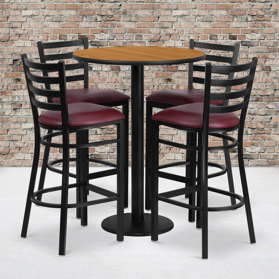 BLNK Jamie Round Laminate Table Set with Round Base and 4 Ladder Back Metal Bar Stools with Burgundy Vinyl Seat - Natural