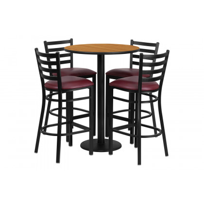 BLNK Jamie Round Laminate Table Set with Round Base and 4 Ladder Back Metal Bar Stools with Burgundy Vinyl Seat - Natural