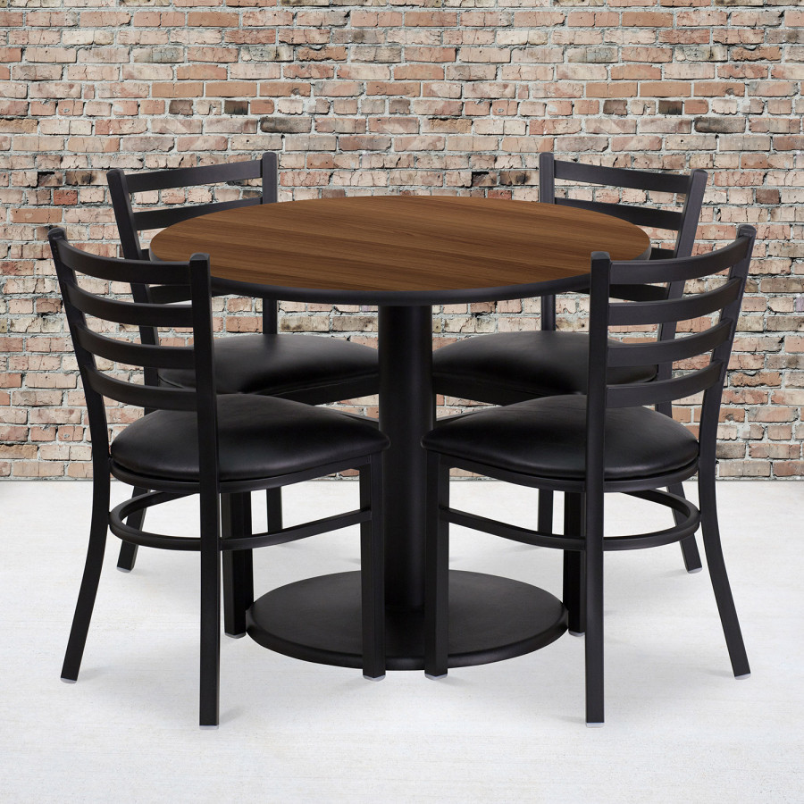 BLNK - Jamie Round Walnut Laminate Table Set with Round Base and 4 Ladder Back Metal Chairs with Vinyl Seat