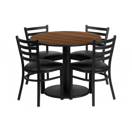 BLNK - Jamie Round Walnut Laminate Table Set with Round Base and 4 Ladder Back Metal Chairs with Vinyl Seat