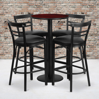 BLNK Jamie Round Laminate Table Set with Round Base and 4 Two-Slat Ladder Back Metal Bar Stools with Black Vinyl Seat - Mahogany