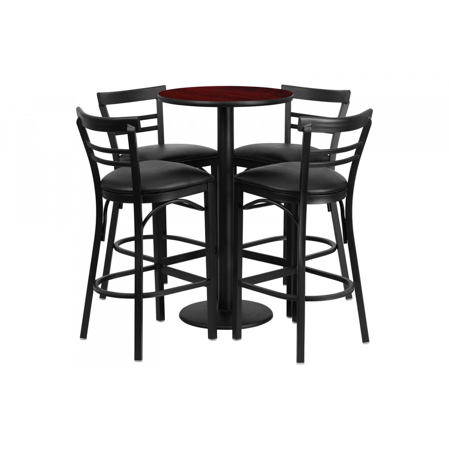 BLNK Jamie Round Laminate Table Set with Round Base and 4 Two-Slat Ladder Back Metal Bar Stools with Black Vinyl Seat - Mahogany