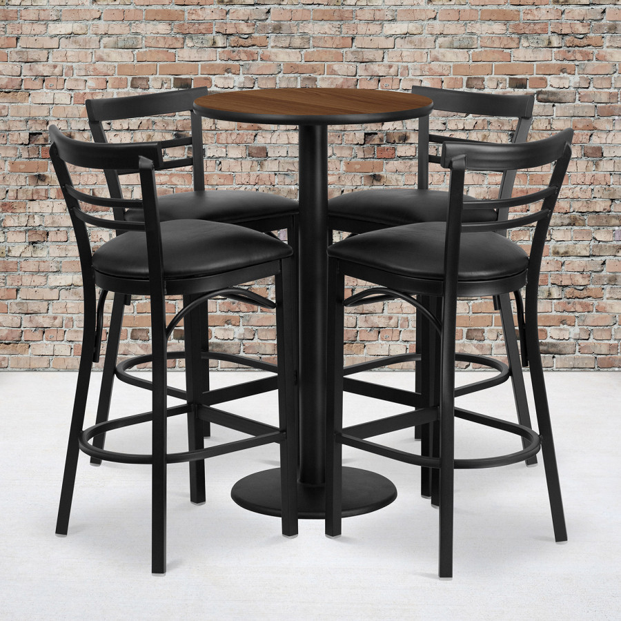 BLNK Jamie Round Laminate Table Set with Round Base and 4 Two-Slat Ladder Back Metal Bar Stools with Black Vinyl Seat - Walnut