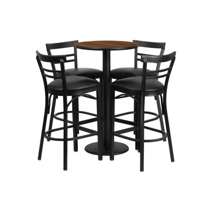 BLNK Jamie Round Laminate Table Set with Round Base and 4 Two-Slat Ladder Back Metal Bar Stools with Black Vinyl Seat - Walnut