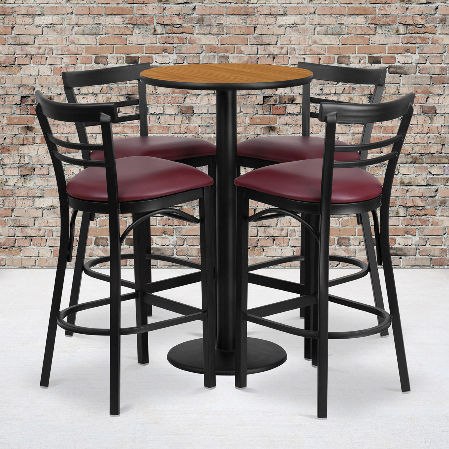 BLNK Jamie Round Laminate Table Set with Round Base and 4 Two-Slat Ladder Back Metal Bar Stools with Burgundy Vinyl Seat - Natural