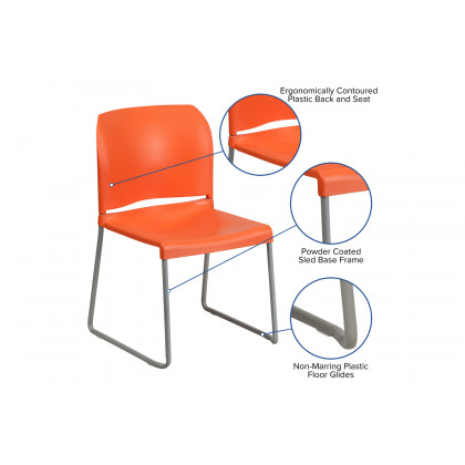 BLNK HERCULES Series Full Back Contoured Stack Chair with Gray Powder Coated Sled Base - Orange