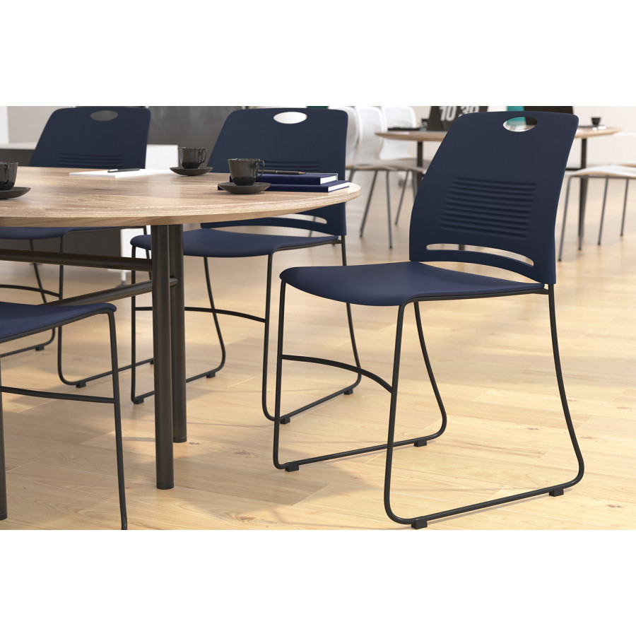 BLNK HERCULES Series Commercial Plastic Stack Chair with Black Powder Coated Sled Base Frame and Integrated Carrying Handle - Navy