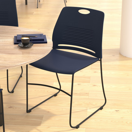 BLNK HERCULES Series Commercial Plastic Stack Chair with Black Powder Coated Sled Base Frame and Integrated Carrying Handle - Navy