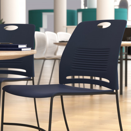 BLNK HERCULES Series Commercial Plastic Stack Chair with Black Powder Coated Sled Base Frame and Integrated Carrying Handle - Navy