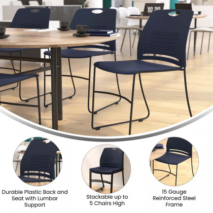 BLNK HERCULES Series Commercial Plastic Stack Chair with Black Powder Coated Sled Base Frame and Integrated Carrying Handle - Navy