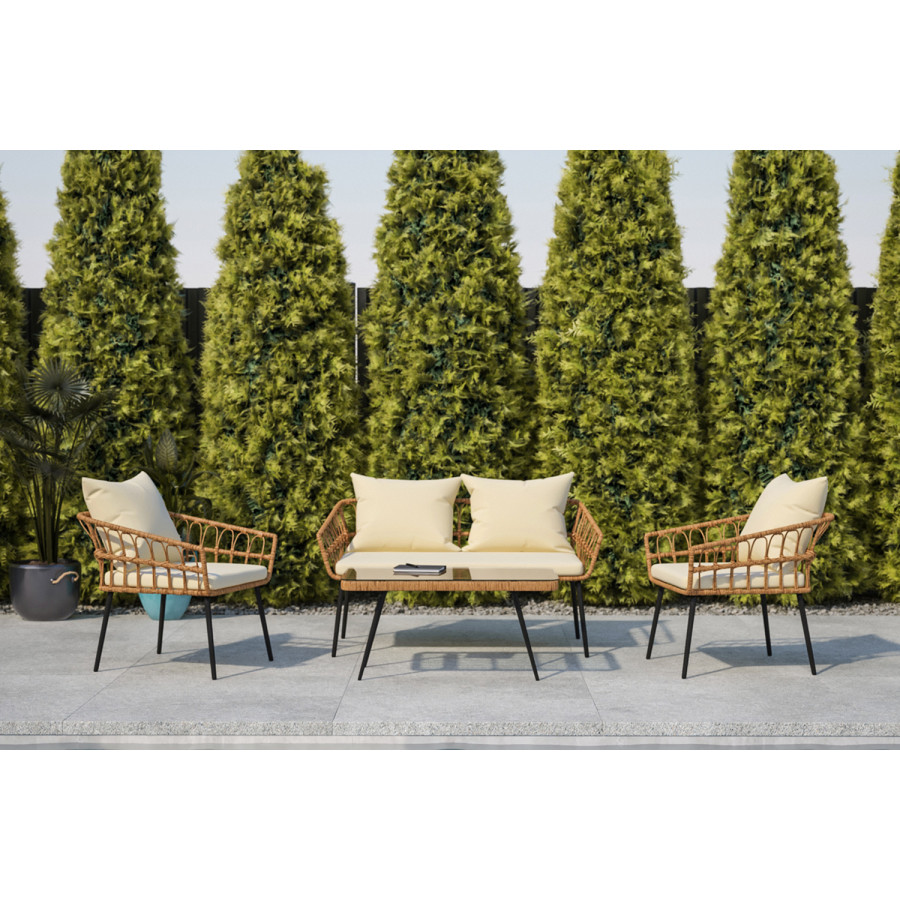 BLNK Evin Boho Indoor/Outdoor Rope Rattan Patio Conversation Set with Tempered Glass Top Coffee Table and Cushions 4 Piece - Cream