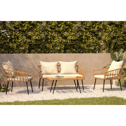 BLNK Evin Boho Indoor/Outdoor Rope Rattan Patio Conversation Set with Tempered Glass Top Coffee Table and Cushions 4 Piece - Cream