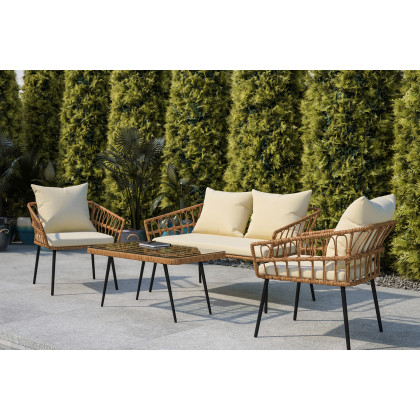 BLNK Evin Boho Indoor/Outdoor Rope Rattan Patio Conversation Set with Tempered Glass Top Coffee Table and Cushions 4 Piece - Cream
