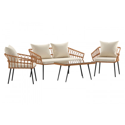 BLNK Evin Boho Indoor/Outdoor Rope Rattan Patio Conversation Set with Tempered Glass Top Coffee Table and Cushions 4 Piece - Cream