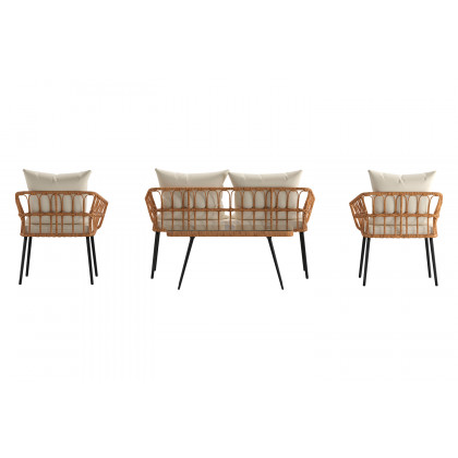 BLNK Evin Boho Indoor/Outdoor Rope Rattan Patio Conversation Set with Tempered Glass Top Coffee Table and Cushions 4 Piece - Cream