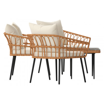BLNK Evin Boho Indoor/Outdoor Rope Rattan Patio Conversation Set with Tempered Glass Top Coffee Table and Cushions 4 Piece - Cream