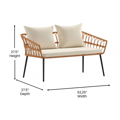 BLNK Evin Boho Indoor/Outdoor Rope Rattan Patio Conversation Set with Tempered Glass Top Coffee Table and Cushions 4 Piece - Cream