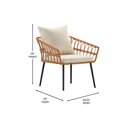 BLNK Evin Boho Indoor/Outdoor Rope Rattan Patio Conversation Set with Tempered Glass Top Coffee Table and Cushions 4 Piece - Cream
