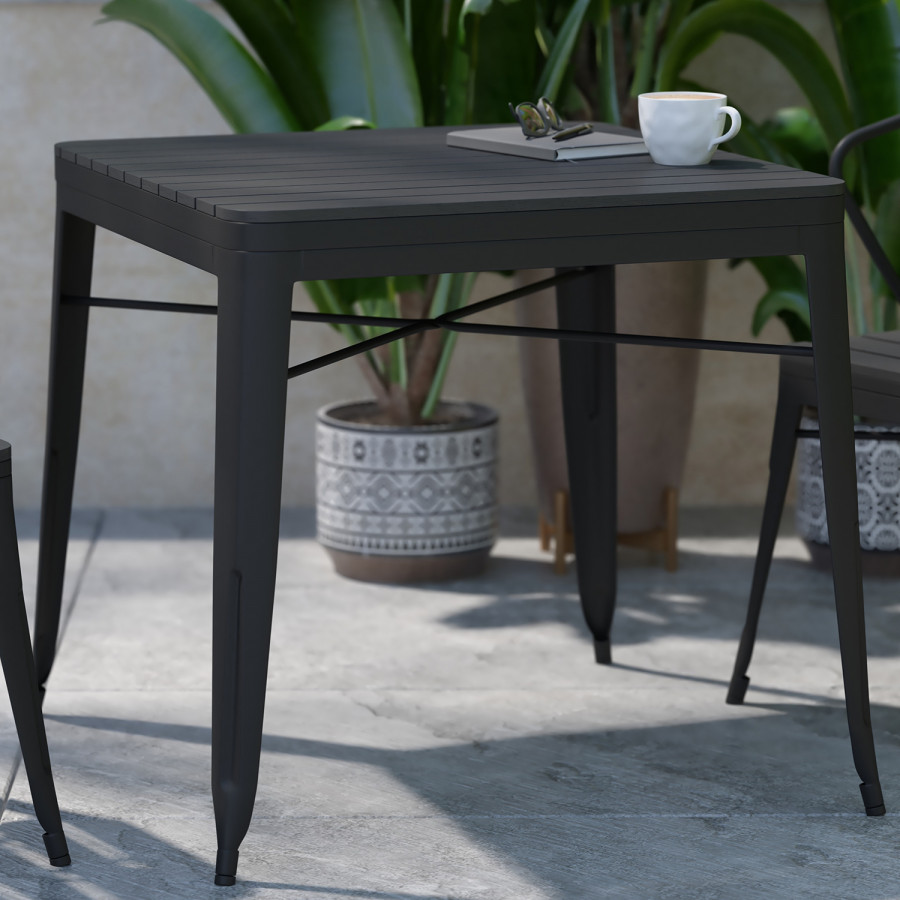 BLNK - Helvey Commercial Indoor-Outdoor Square Steel Patio Dining Table for 4 with Black Poly Resin Slatted Top