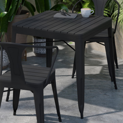 BLNK - Helvey Commercial Indoor-Outdoor Square Steel Patio Dining Table for 4 with Black Poly Resin Slatted Top