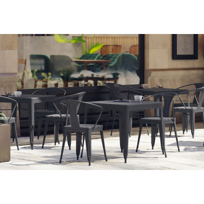 BLNK - Helvey Commercial Indoor-Outdoor Square Steel Patio Dining Table for 4 with Black Poly Resin Slatted Top
