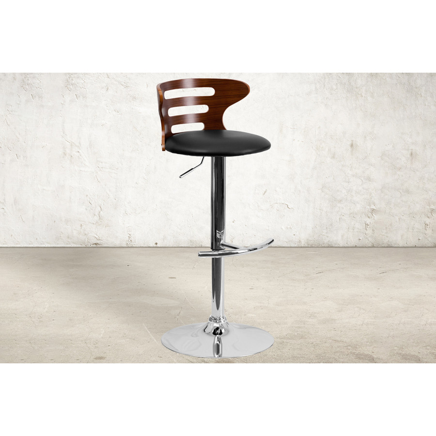 BLNK - Gallahan Walnut Bentwood Adjustable Height Bar Stool with Three Slot Cutout Back and Black Vinyl Seat