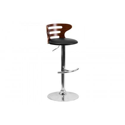 BLNK - Gallahan Walnut Bentwood Adjustable Height Bar Stool with Three Slot Cutout Back and Black Vinyl Seat
