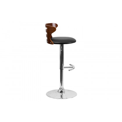 BLNK - Gallahan Walnut Bentwood Adjustable Height Bar Stool with Three Slot Cutout Back and Black Vinyl Seat