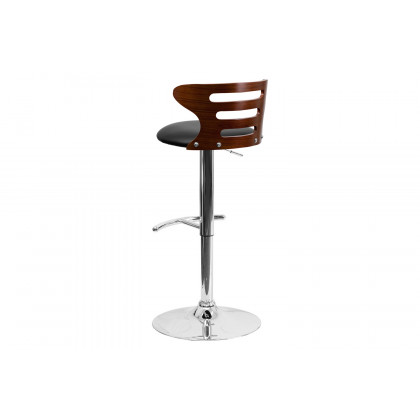 BLNK - Gallahan Walnut Bentwood Adjustable Height Bar Stool with Three Slot Cutout Back and Black Vinyl Seat