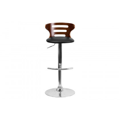 BLNK - Gallahan Walnut Bentwood Adjustable Height Bar Stool with Three Slot Cutout Back and Black Vinyl Seat