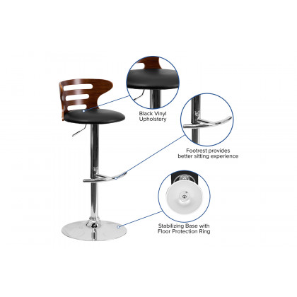 BLNK - Gallahan Walnut Bentwood Adjustable Height Bar Stool with Three Slot Cutout Back and Black Vinyl Seat
