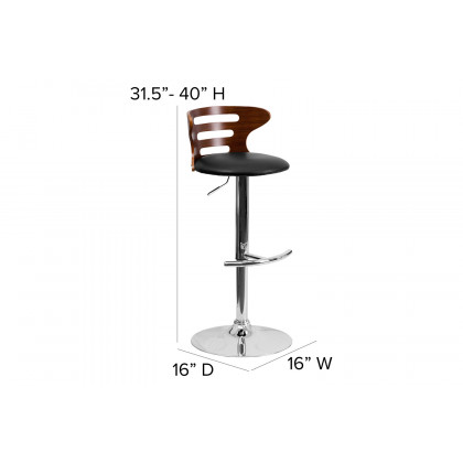 BLNK - Gallahan Walnut Bentwood Adjustable Height Bar Stool with Three Slot Cutout Back and Black Vinyl Seat