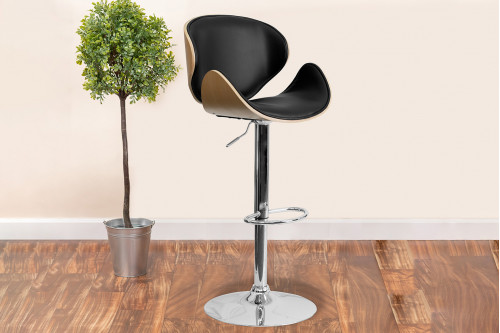 BLNK® Farley Bentwood Adjustable Height Bar Stool with Curved Back and Black Vinyl Seat - Beech