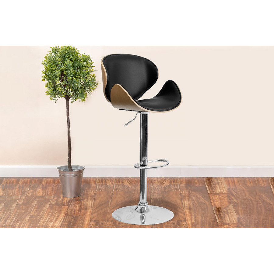 BLNK - Farley Bentwood Adjustable Height Bar Stool with Curved Back and Black Vinyl Seat