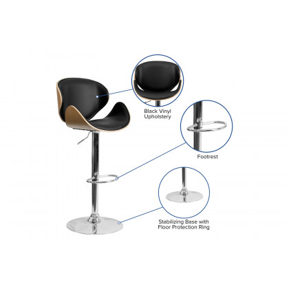 BLNK Farley Bentwood Adjustable Height Bar Stool with Curved Back and Black Vinyl Seat - Beech