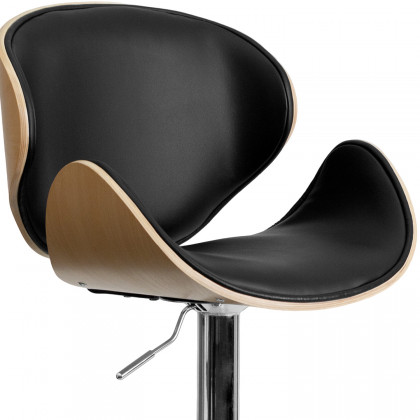 BLNK Farley Bentwood Adjustable Height Bar Stool with Curved Back and Black Vinyl Seat - Beech