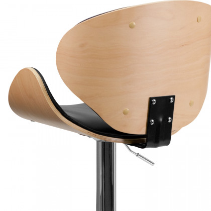 BLNK Farley Bentwood Adjustable Height Bar Stool with Curved Back and Black Vinyl Seat - Beech
