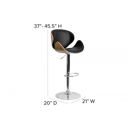BLNK Farley Bentwood Adjustable Height Bar Stool with Curved Back and Black Vinyl Seat - Beech