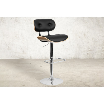 BLNK - Magnus Bentwood Adjustable Height Bar Stool with Button Tufted Black Vinyl Seat