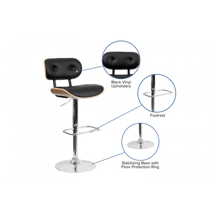 BLNK Magnus Bentwood Adjustable Height Bar Stool with Button Tufted Black Vinyl Seat - Beech