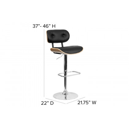 BLNK Magnus Bentwood Adjustable Height Bar Stool with Button Tufted Black Vinyl Seat - Beech