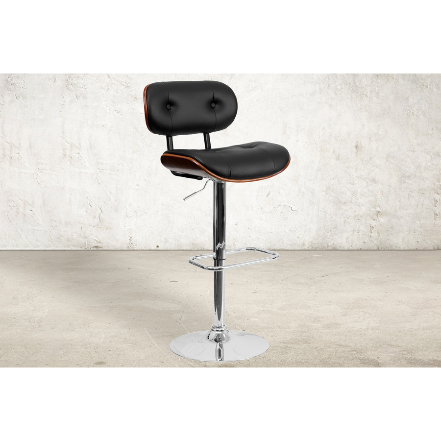 BLNK - Magnus Bentwood Adjustable Height Bar Stool with Button Tufted Black Vinyl Seat