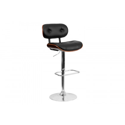 BLNK - Magnus Bentwood Adjustable Height Bar Stool with Button Tufted Black Vinyl Seat
