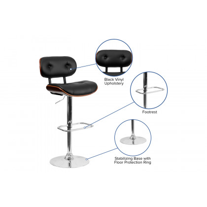 BLNK Magnus Bentwood Adjustable Height Bar Stool with Button Tufted Black Vinyl Seat - Walnut