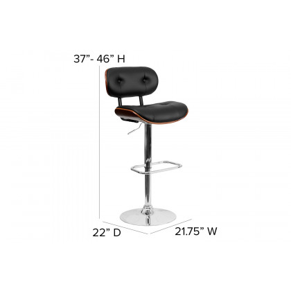 BLNK Magnus Bentwood Adjustable Height Bar Stool with Button Tufted Black Vinyl Seat - Walnut
