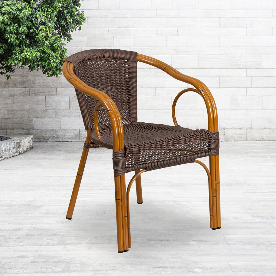 BLNK Cadiz Series Rattan Restaurant Patio Chair with Bamboo-Aluminum Frame - Dark Brown/Red