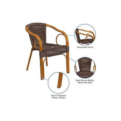 BLNK Cadiz Series Rattan Restaurant Patio Chair with Bamboo-Aluminum Frame - Dark Brown/Red