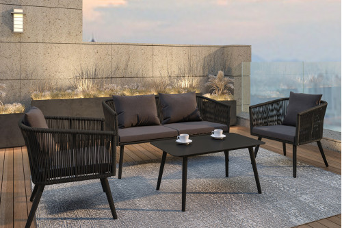 BLNK® - Kierra Black All-Weather Woven Conversation Set with Gray Zippered Removable Cushions and Metal Coffee Table 4-Piece