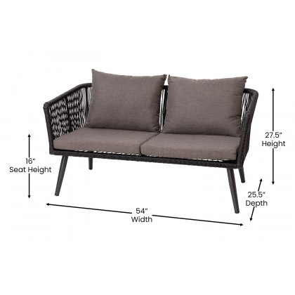 BLNK - Kierra Black All-Weather Woven Conversation Set with Gray Zippered Removable Cushions and Metal Coffee Table 4-Piece