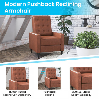 BLNK Ezra LeatherSoft Mid-Century Modern Upholstered Button Tufted Pushback Recliner - Brown
